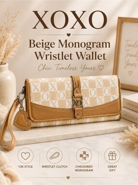XOXO Beige Monogram Checkered Wristlet Wallet Clutch